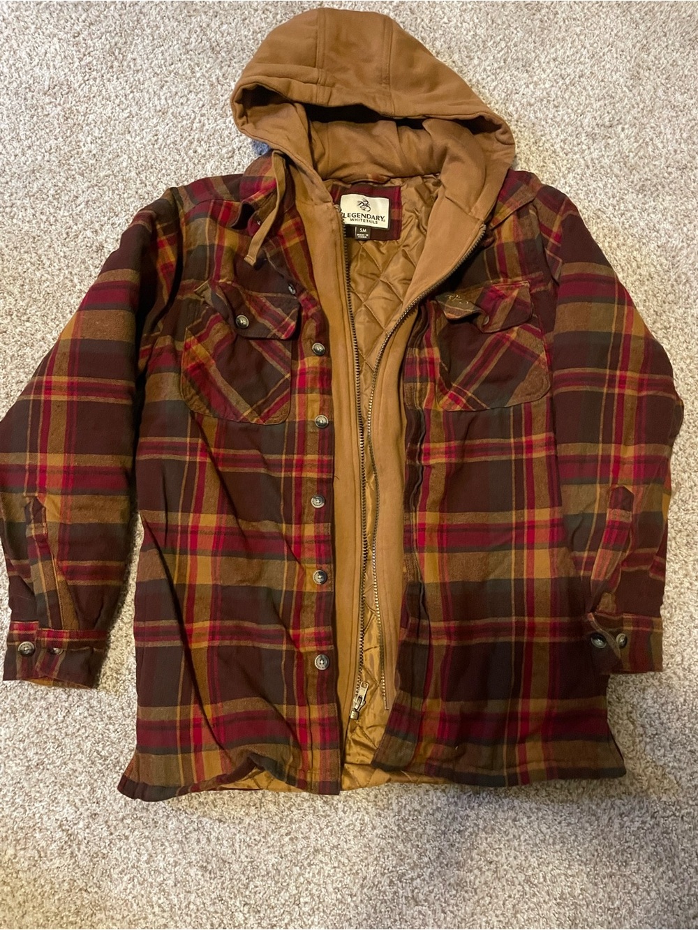 Legendary Whitetails Quilted Plaid Hooded Jacket in Brown and Red